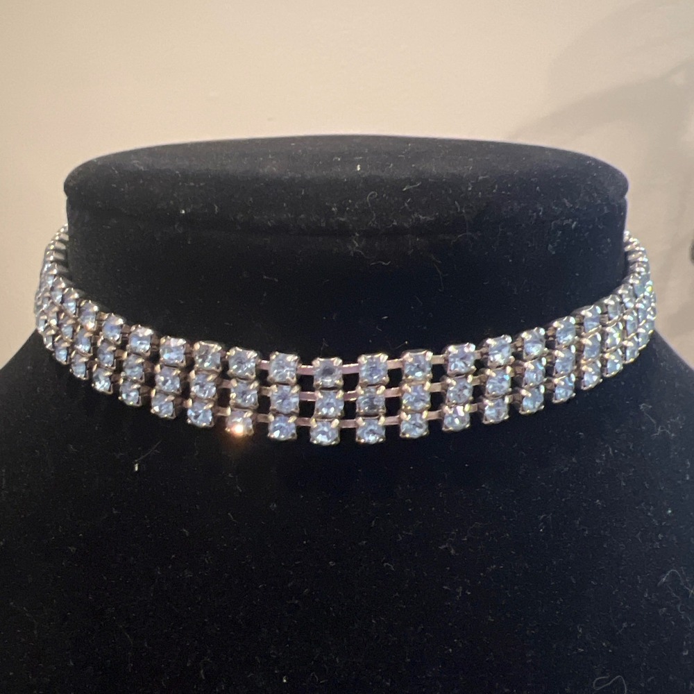 Vtg 1950s Light Blue Rhinestone Triple Strand Choker Necklace Silver Tone 15in - Picture 2 of 4